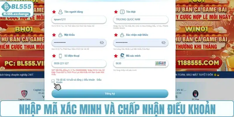 Nhập mã xác minh và đồng ý điều khoản dễ dàng